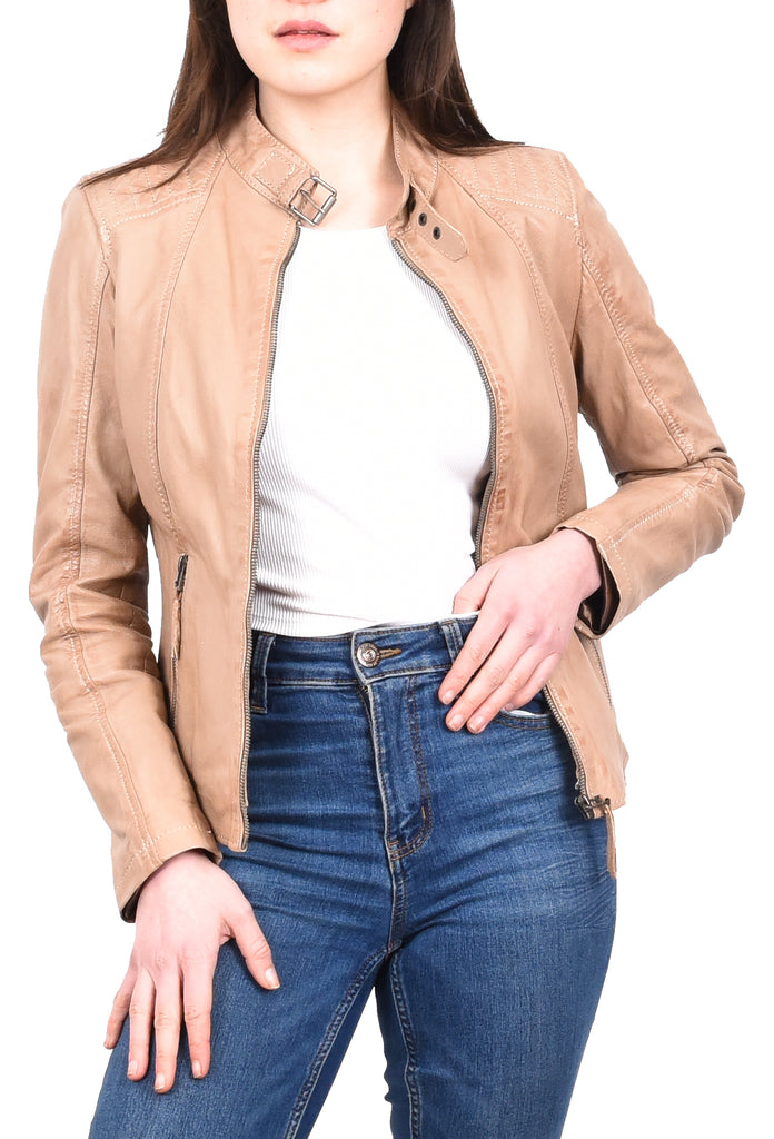 DR263 Women's Real Leather Classic Biker Jacket Beige 9