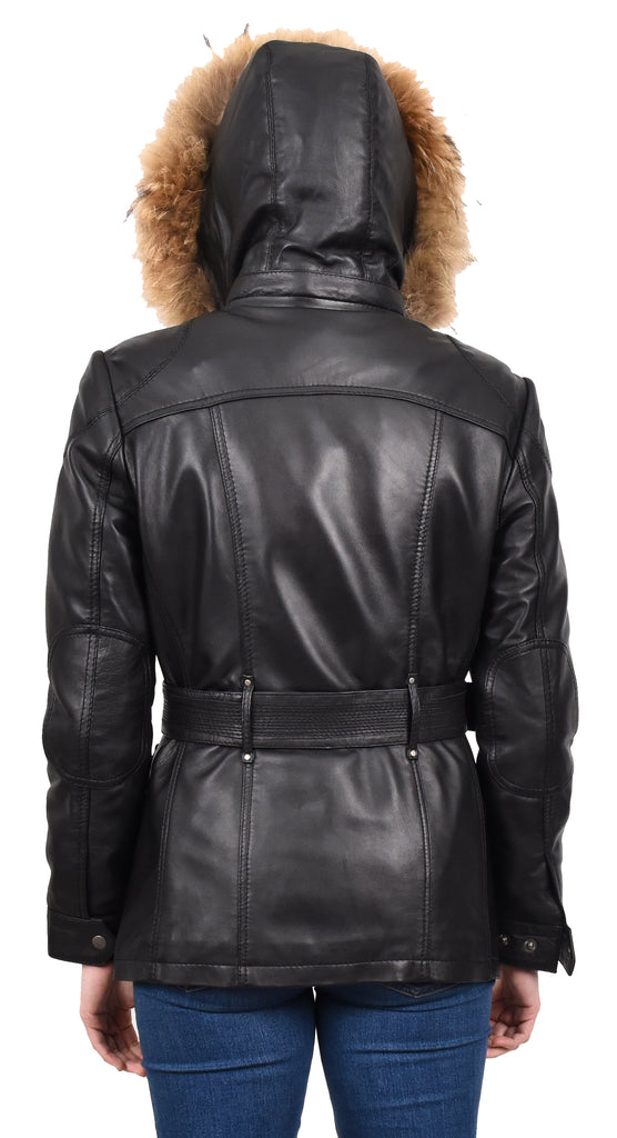 DR225 Women's Winter Warm Leather Hood Jacket Black 10