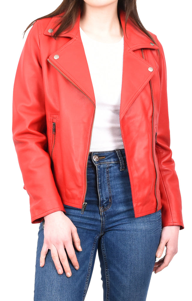 DR216 Women's Casual Smart Biker Leather Jacket Red 9