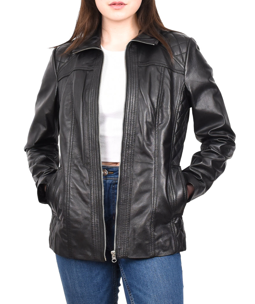 DR564 Women's Genuine Leather Jacket Zip Quilted Black 10