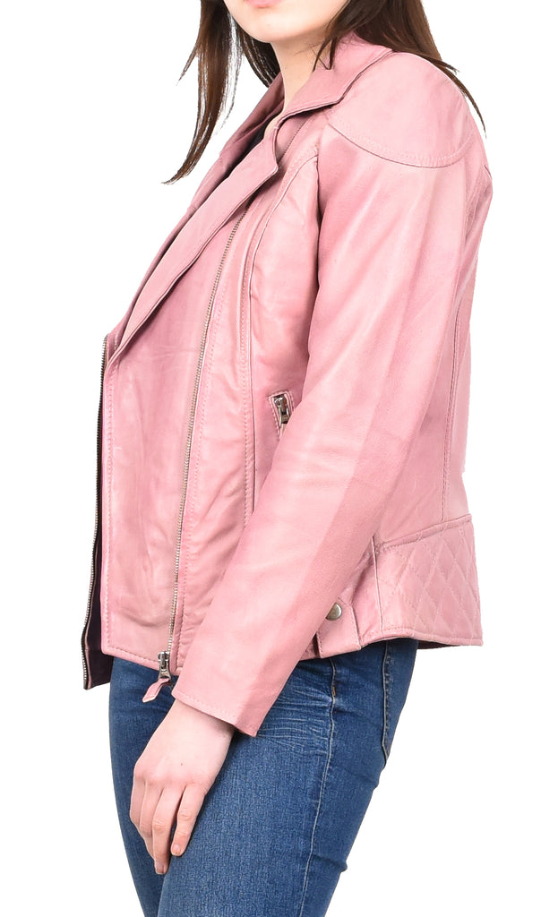 DR570 Women's Cross Zip Pocketed Real Leather Biker Jacket Pink 10