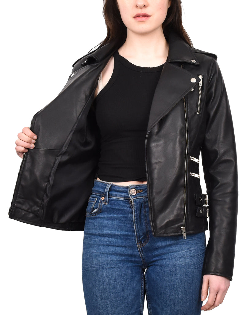 DR195 Women’s Trendy Biker Leather Jacket Black 10