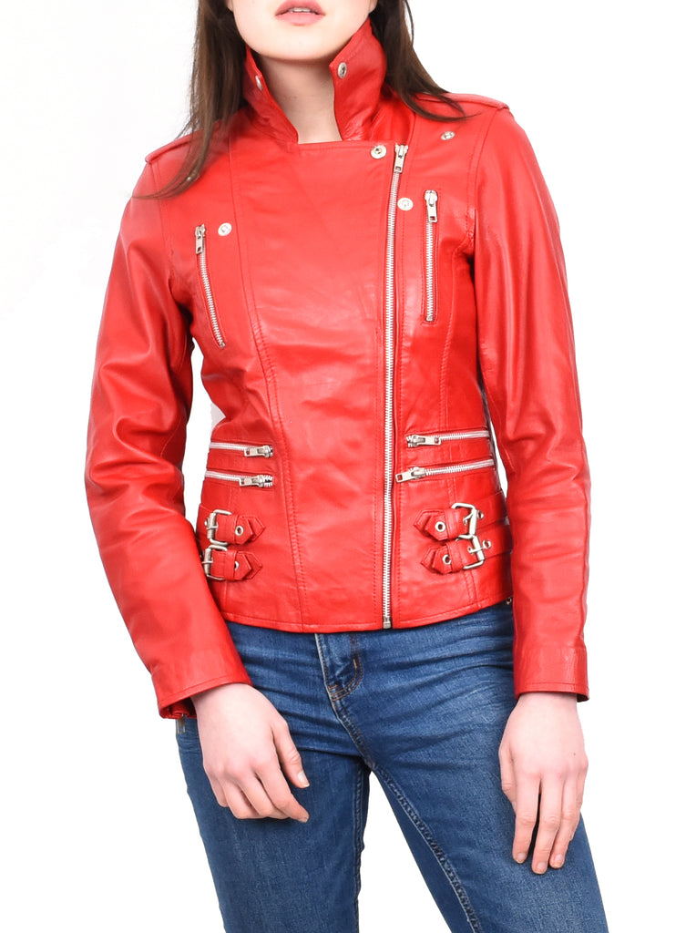 DR195 Women’s Trendy Biker Leather Jacket Red 11