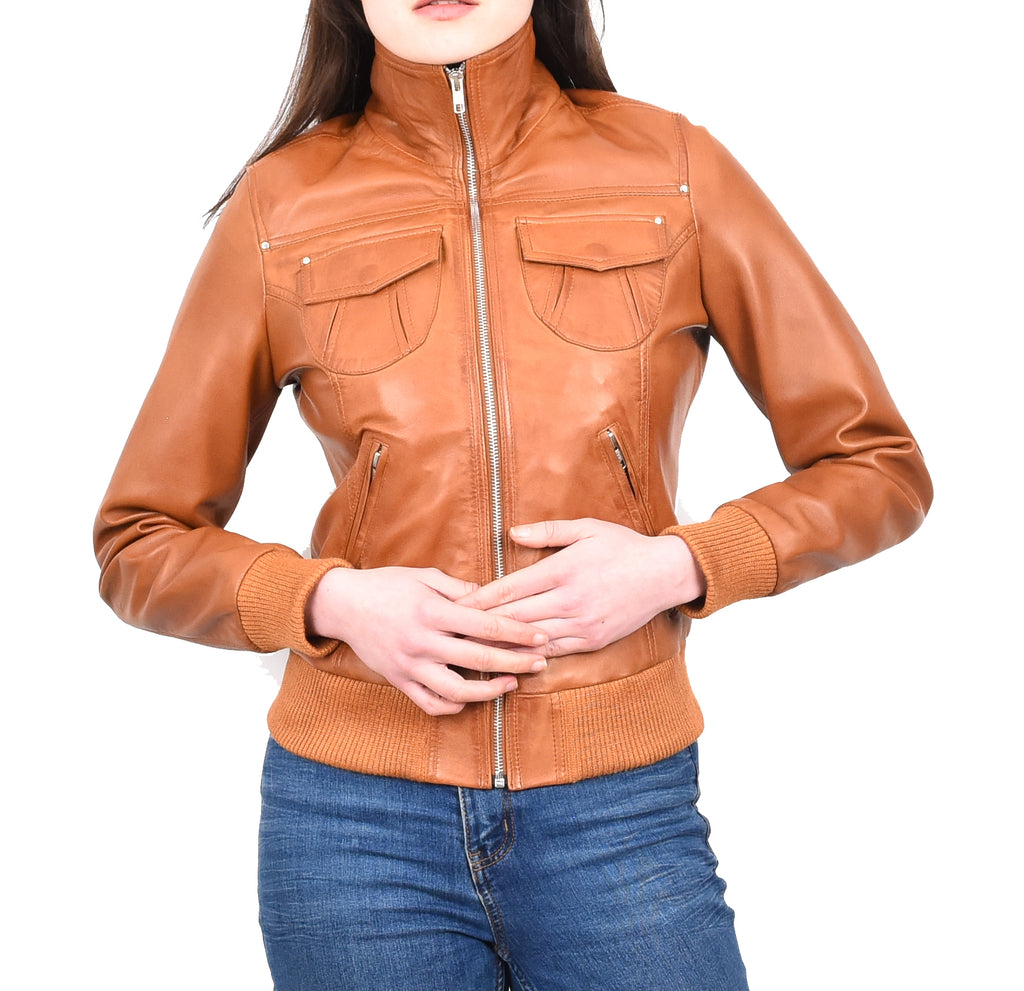 DR514 Womens Leather Classic Bomber Jacket Tan 10