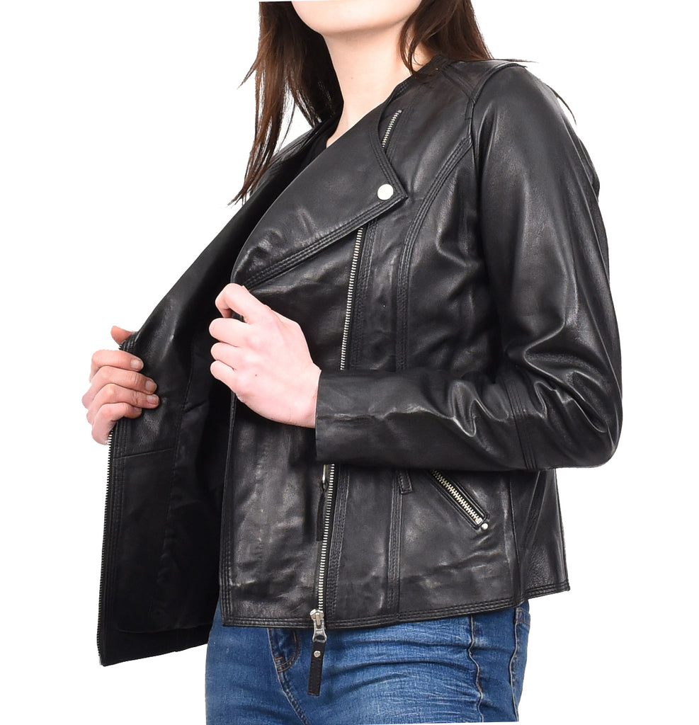 DR572 Women's Casual Cross Zip Leather Jacket Black 11