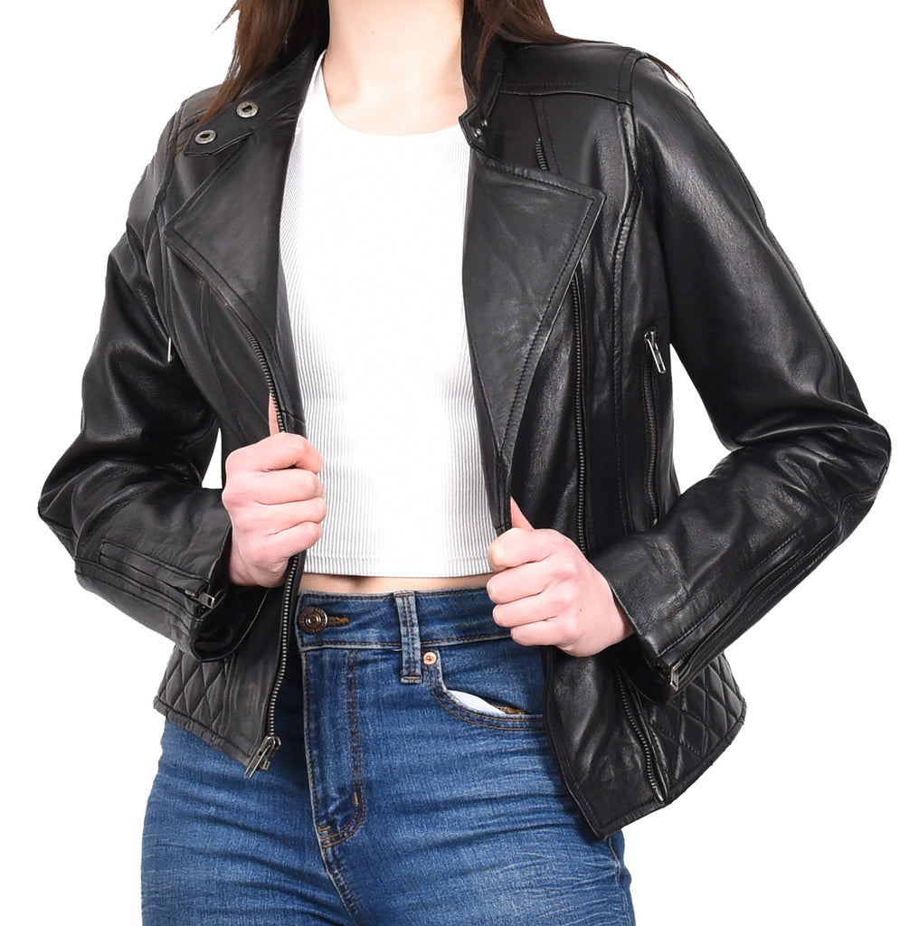 DR233 Women's Biker Leather Jacket Quilted Design Black 10