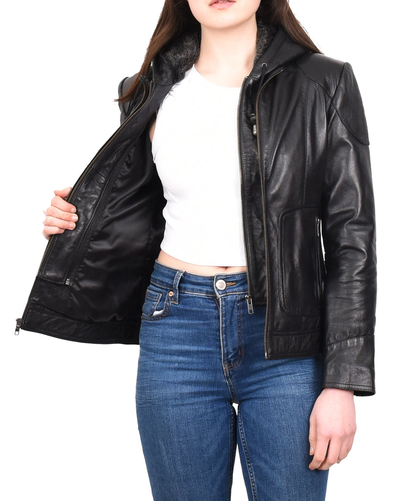 DR266 Women’s Black Leather Biker Style Jacket With Removable Hood 11