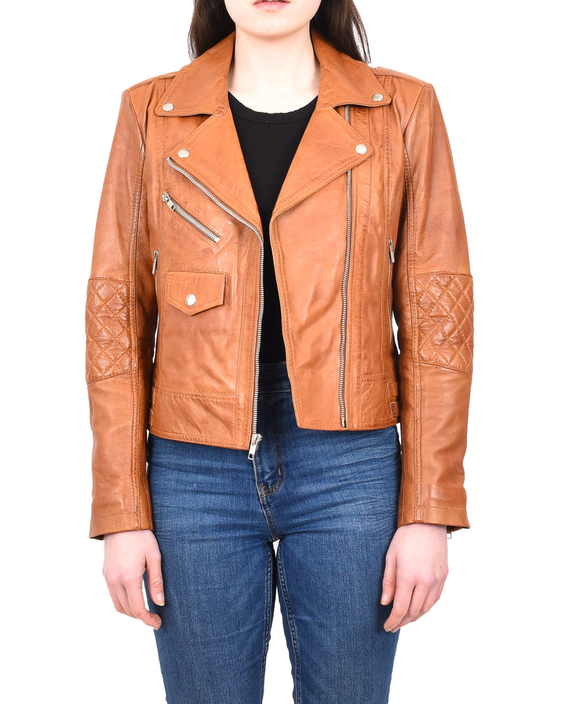 DR207 Women's Real Leather Biker Cross Zip Jacket Tan 13