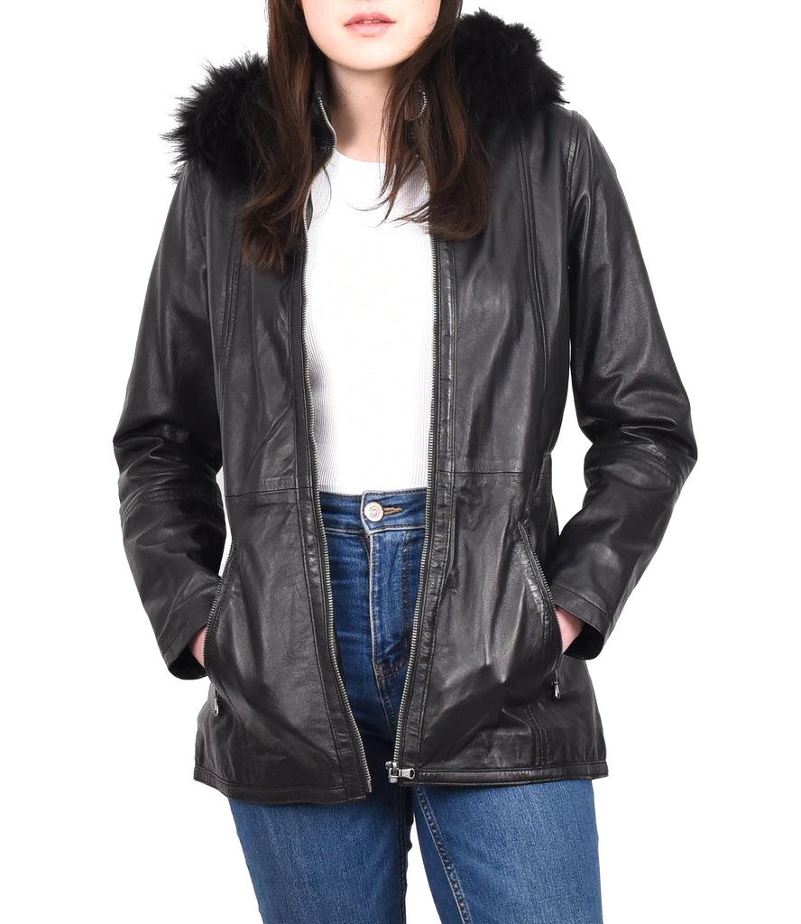 DR260 Women’s Black Leather Duffle Parka Jacket with Removable Hood 10