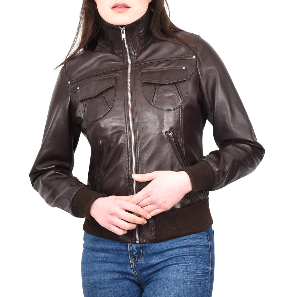 DR514 Womens Leather Classic Bomber Jacket Brown 11