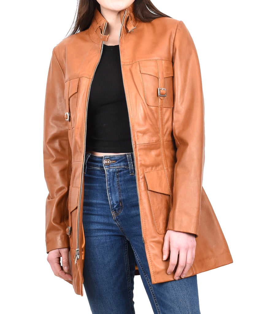 DR566 Women's Leather Jacket With Dual Zip Fastening Tan 11