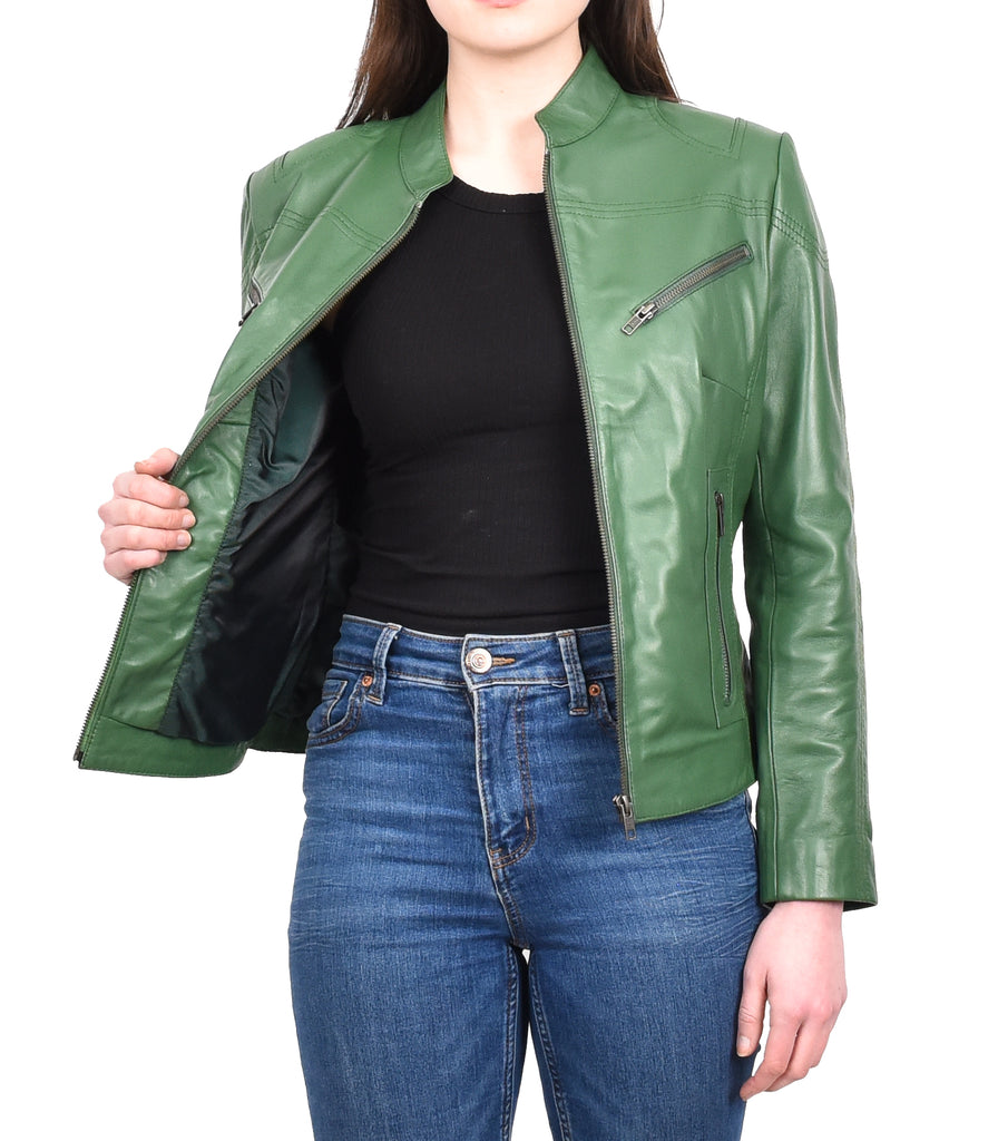 DR200 Ladies Classic Casual Biker Leather Jacket Green 13