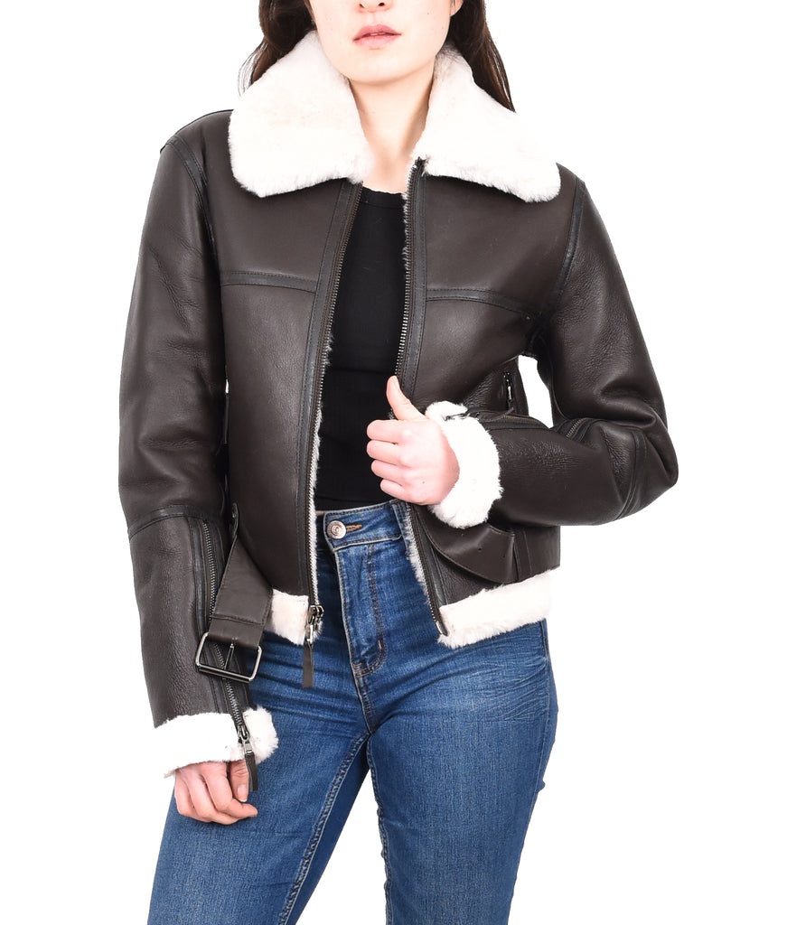 DR228 Women's Retro Sheepskin Leather Jacket Short Brown 12