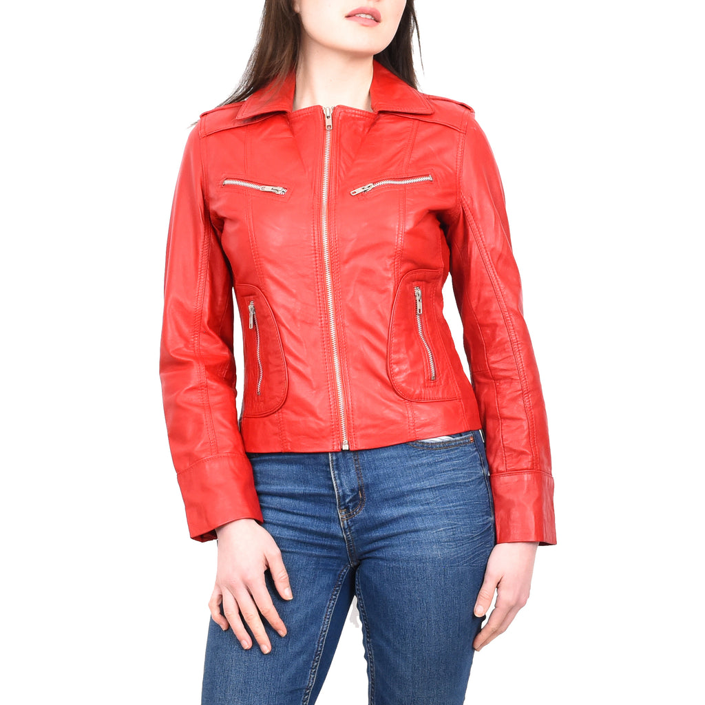 Women's Casual Real Leather Biker Jacket Short Red Bikebabe 1