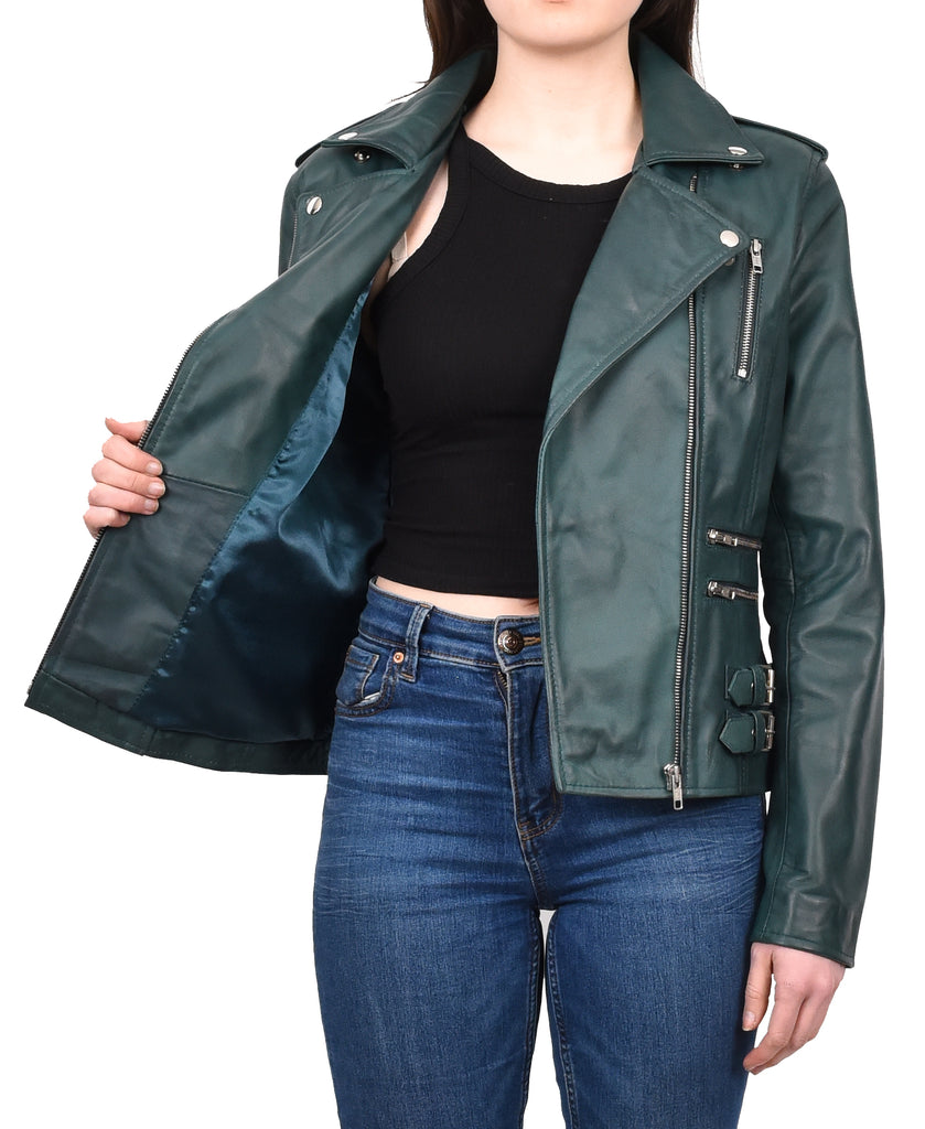 DR195 Women’s Trendy Biker Leather Jacket Teal 13