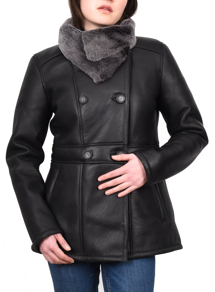 DR596 Women's Soft Sheepskin Double Breasted Fur Collar Coat Black 7