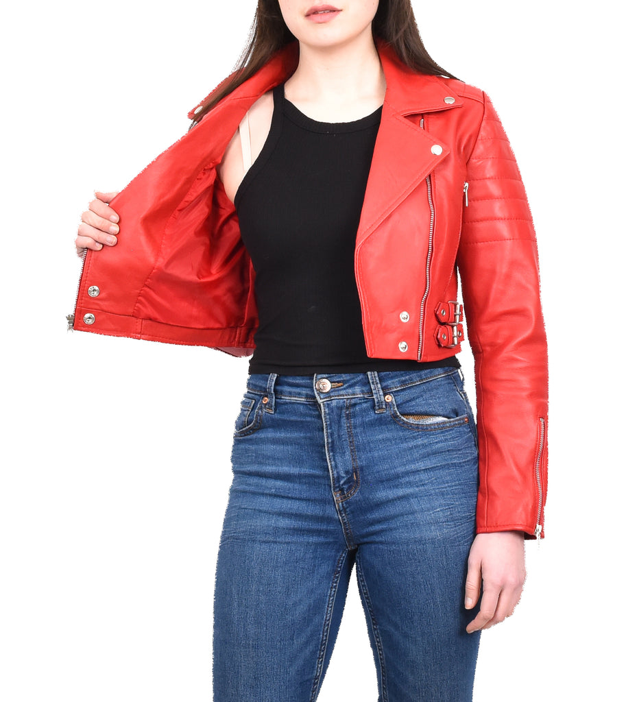 DR197 Women's Short Leather Stylish Biker Jacket Red 12