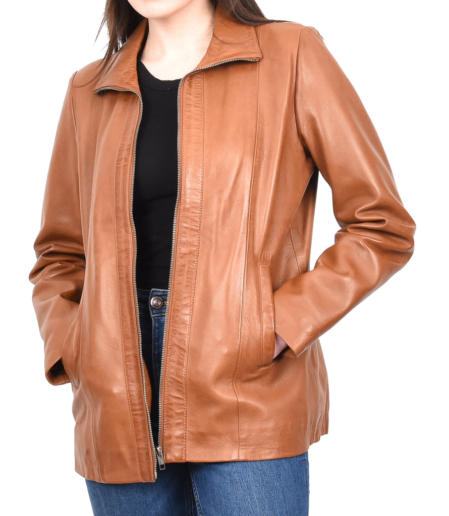 DR202 Women's Casual Semi Fitted Leather Jacket Tan 11