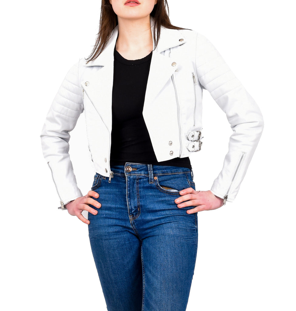 DR197 Women's Short Leather Stylish Biker Jacket White 10