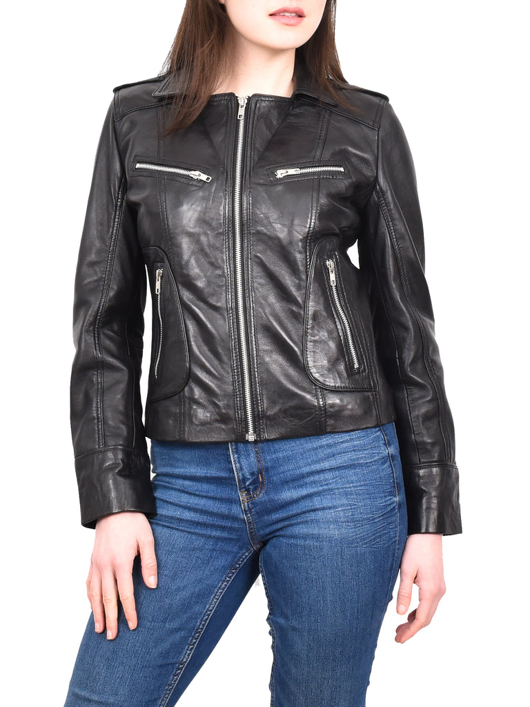 DR194 Women's Casual Leather Biker Jacket Short Black 10