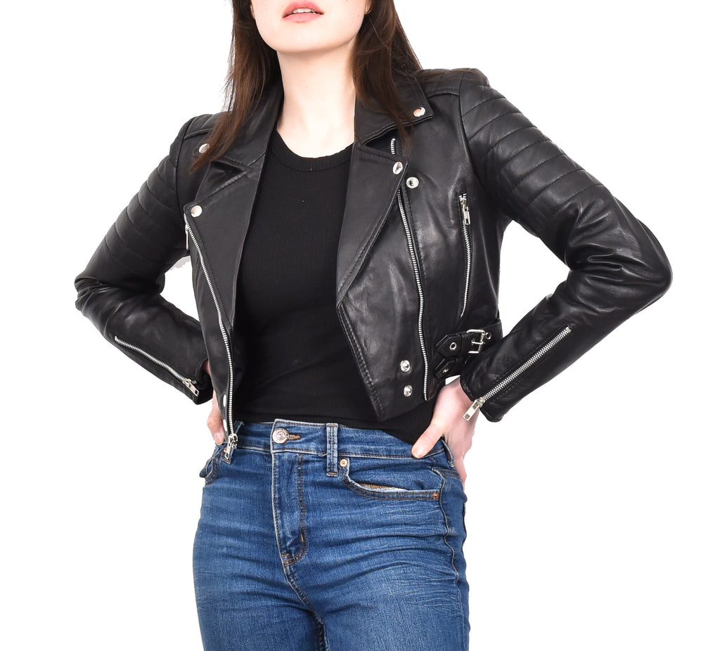 DR197 Women's Short Leather Stylish Biker Jacket Black 10