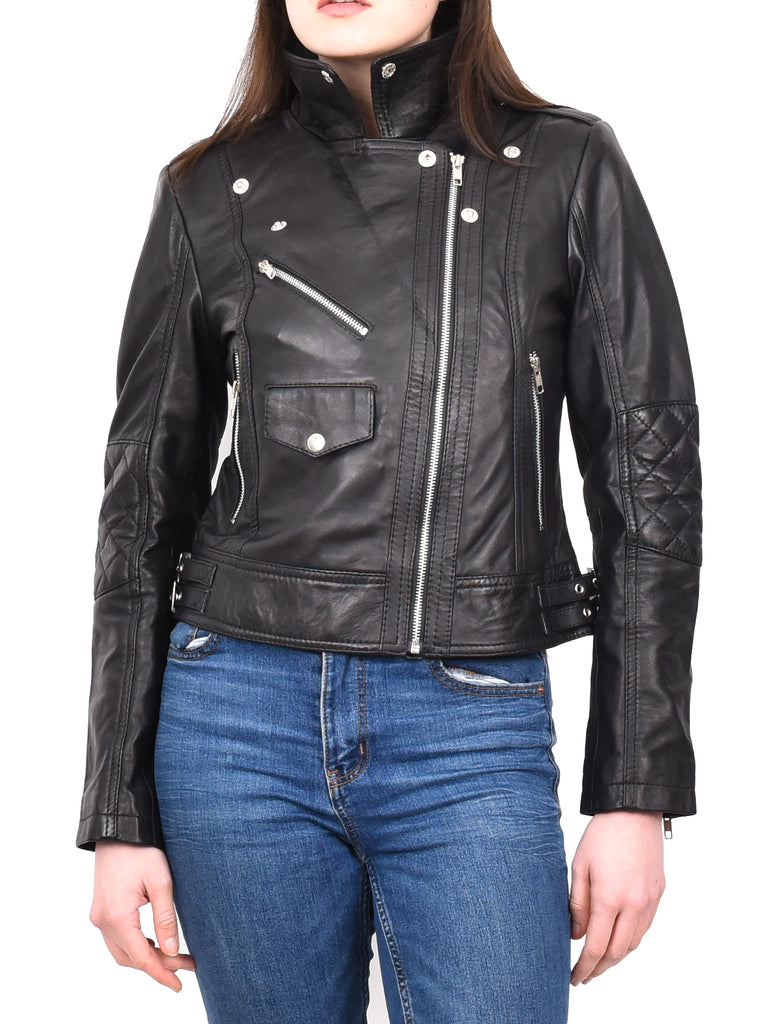 DR207 Women's Real Leather Biker Cross Zip Jacket Black 10