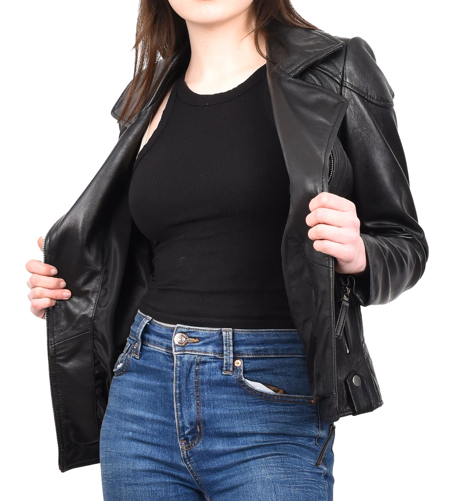 DR570 Women's Cross Zip Pocketed Real Leather Biker Jacket Black 10