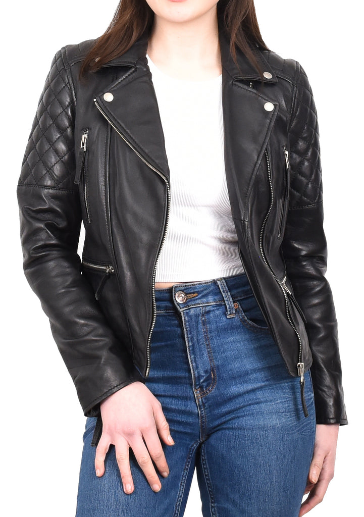 DR246 Women's Real Leather X-Zip Biker Style Jacket Black 10