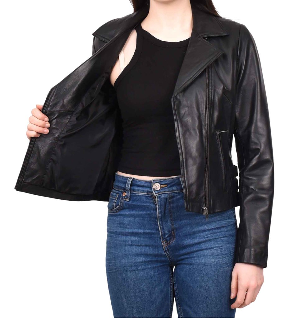 DR208 Women's Collarless Biker Leather jacket Black 11