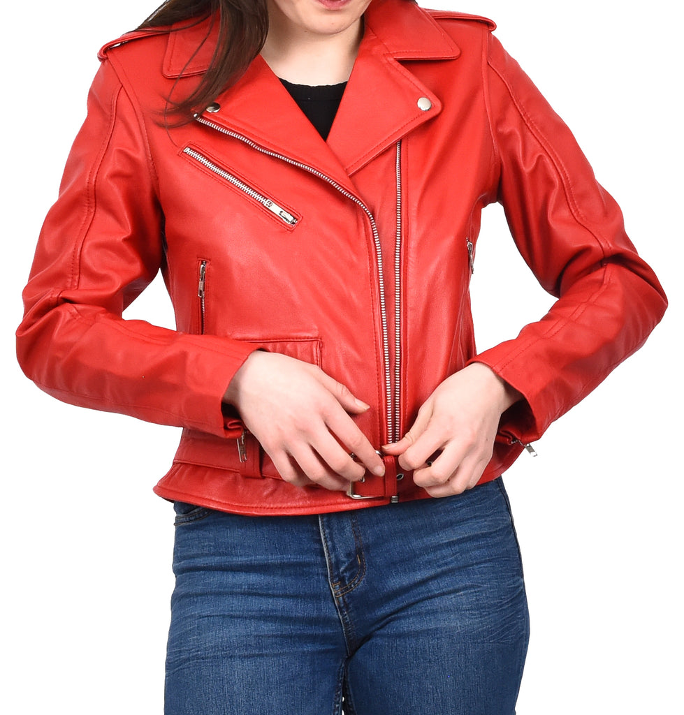 DR199 Women's Hard Ride Biker Style Leather Jacket Red 12