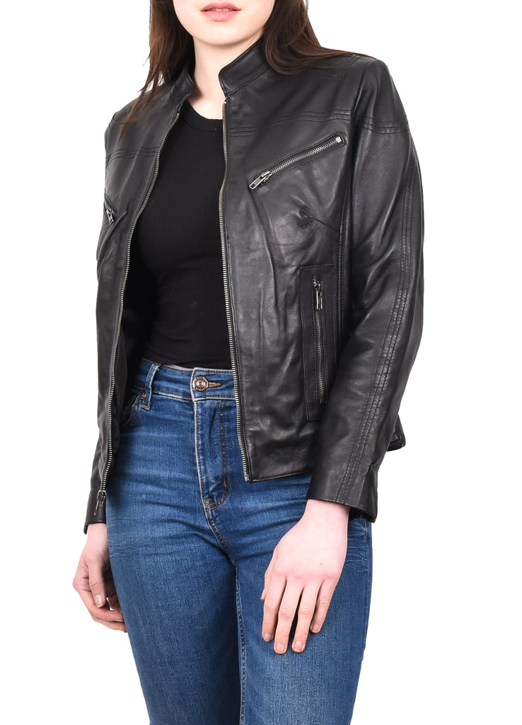 DR200 Ladies Classic Casual Biker Leather Jacket Black 11