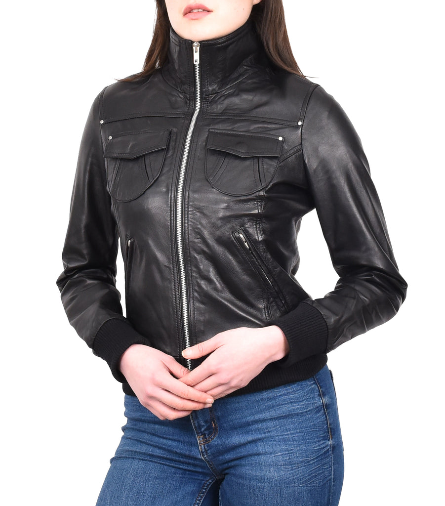 DR514 Womens Leather Classic Bomber Jacket Black 11