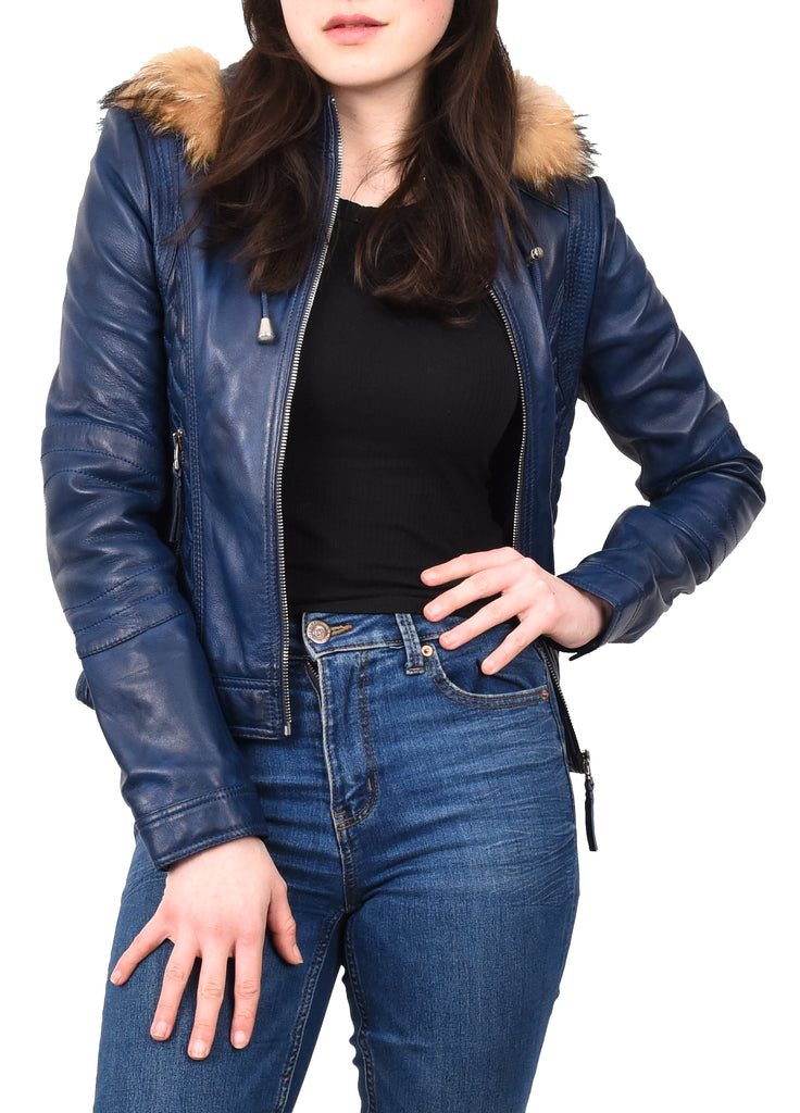 DR261 Women's Detachable Hoodie Biker Leather Jacket Blue 10