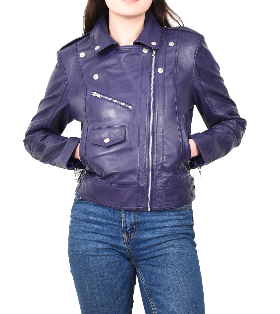 DR207 Women's Real Leather Biker Cross Zip Jacket Purple 13