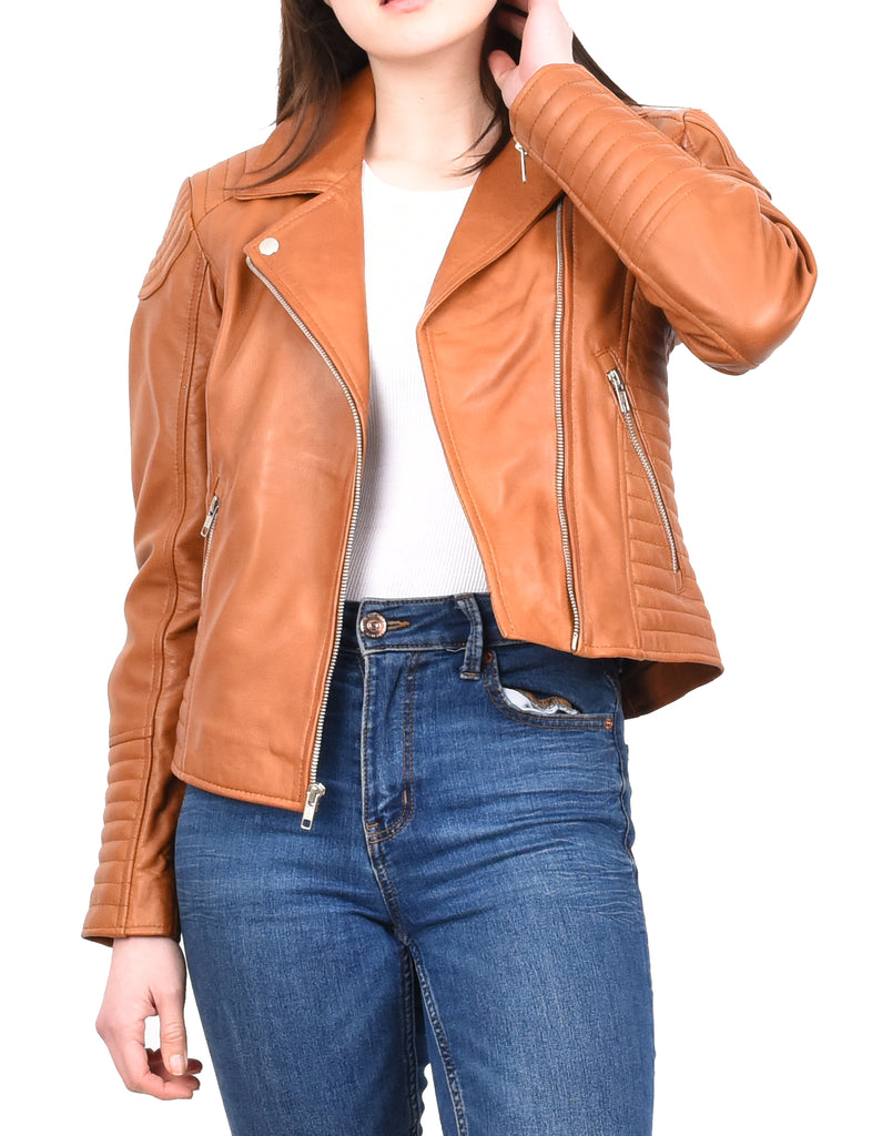 DR206 Women's Soft Leather Cross Zip Biker Jacket Tan 10