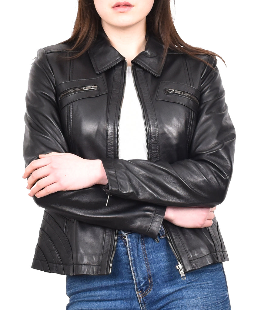 DR223 Women's Classic Leather Biker Zip Box Jacket Black 11