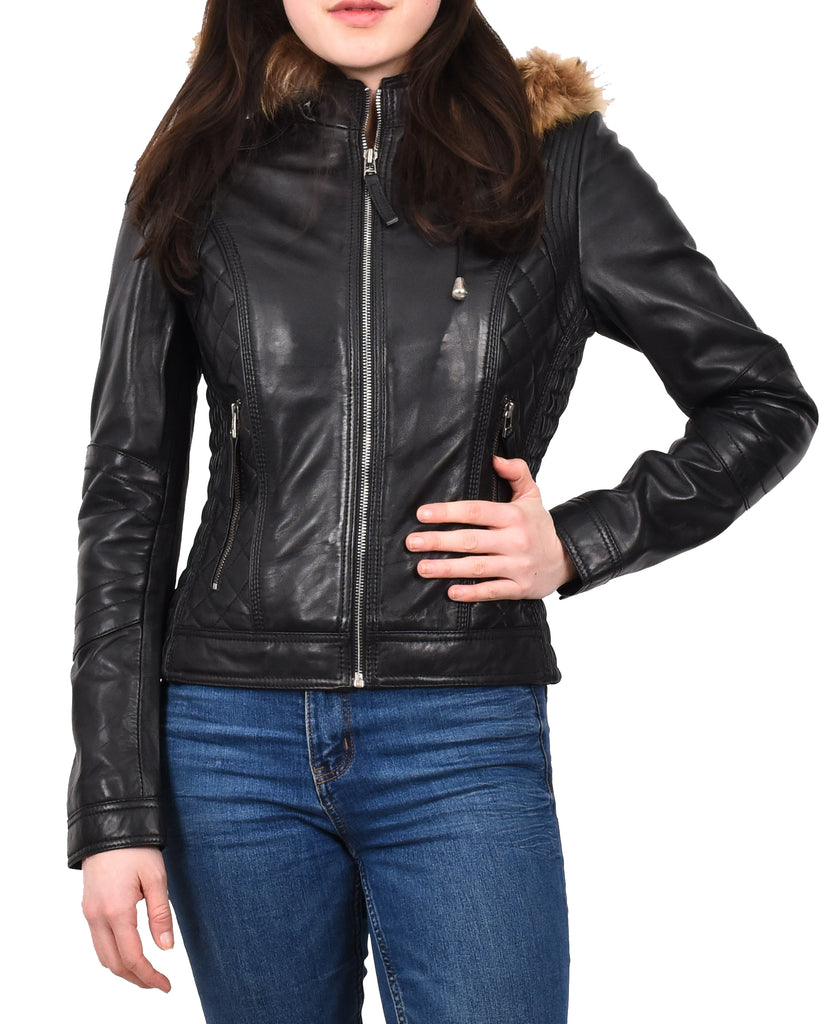 DR261 Women's Detachable Hoodie Biker Leather Jacket Black 11