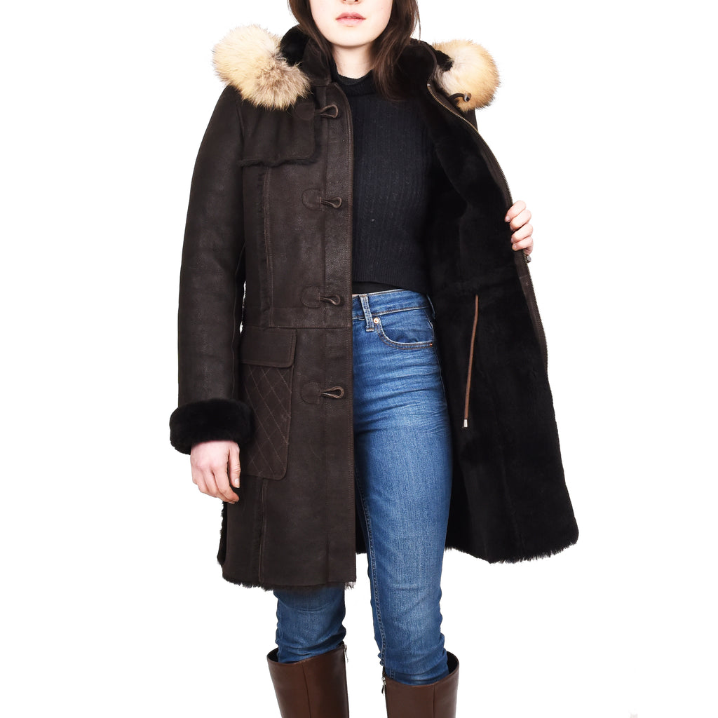 Women's Real Shearling Sheepskin Italian Classic Coat Brown Birna 10