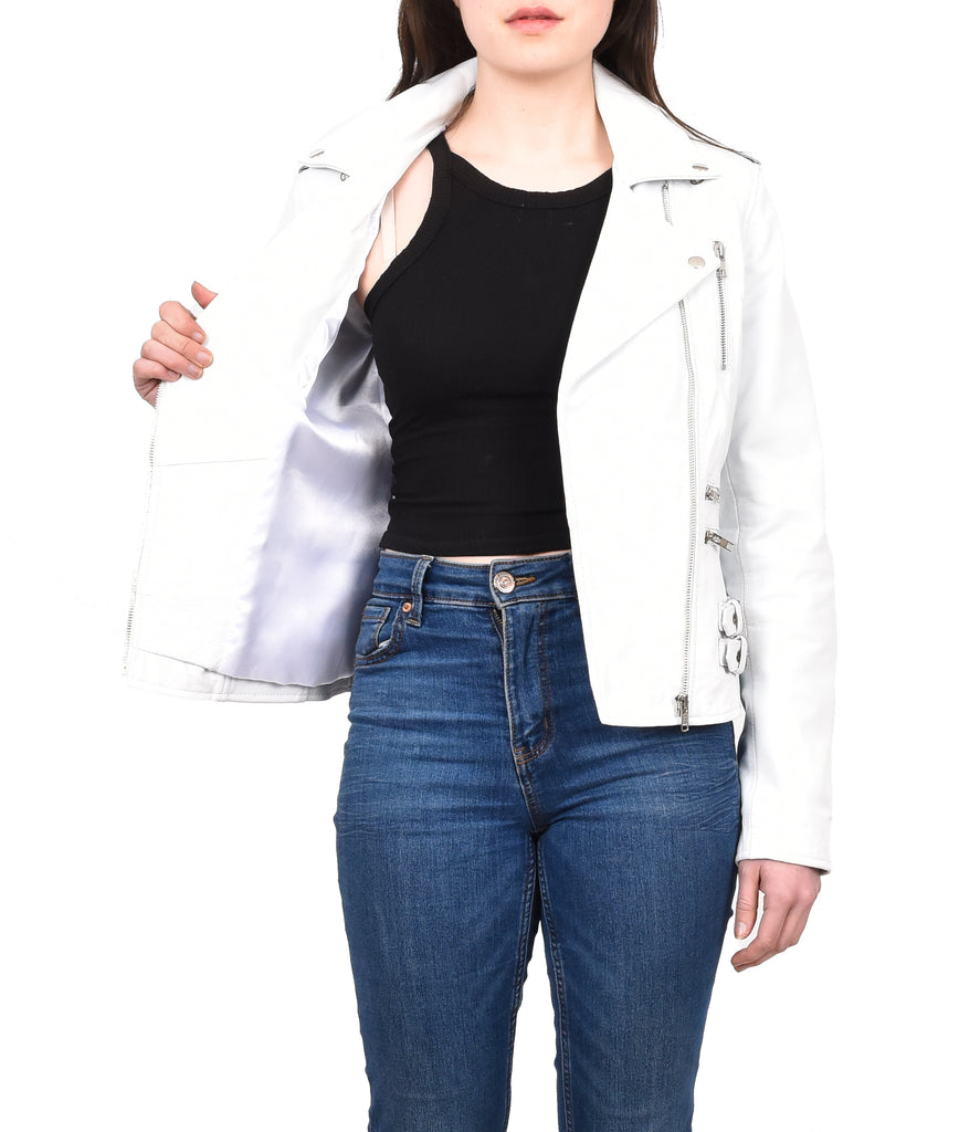 DR195 Women’s Trendy Biker Leather Jacket White Vintage 11