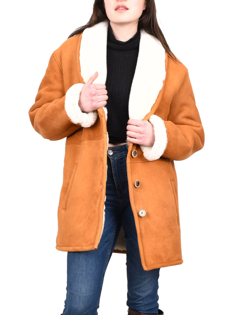 DR595 Women's Soft Sheepskin Mid Length Coat With Fur Collar Cognac 12