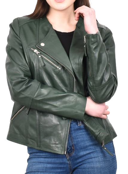 DR572 Women's Casual Cross Zip Leather Jacket Green 9