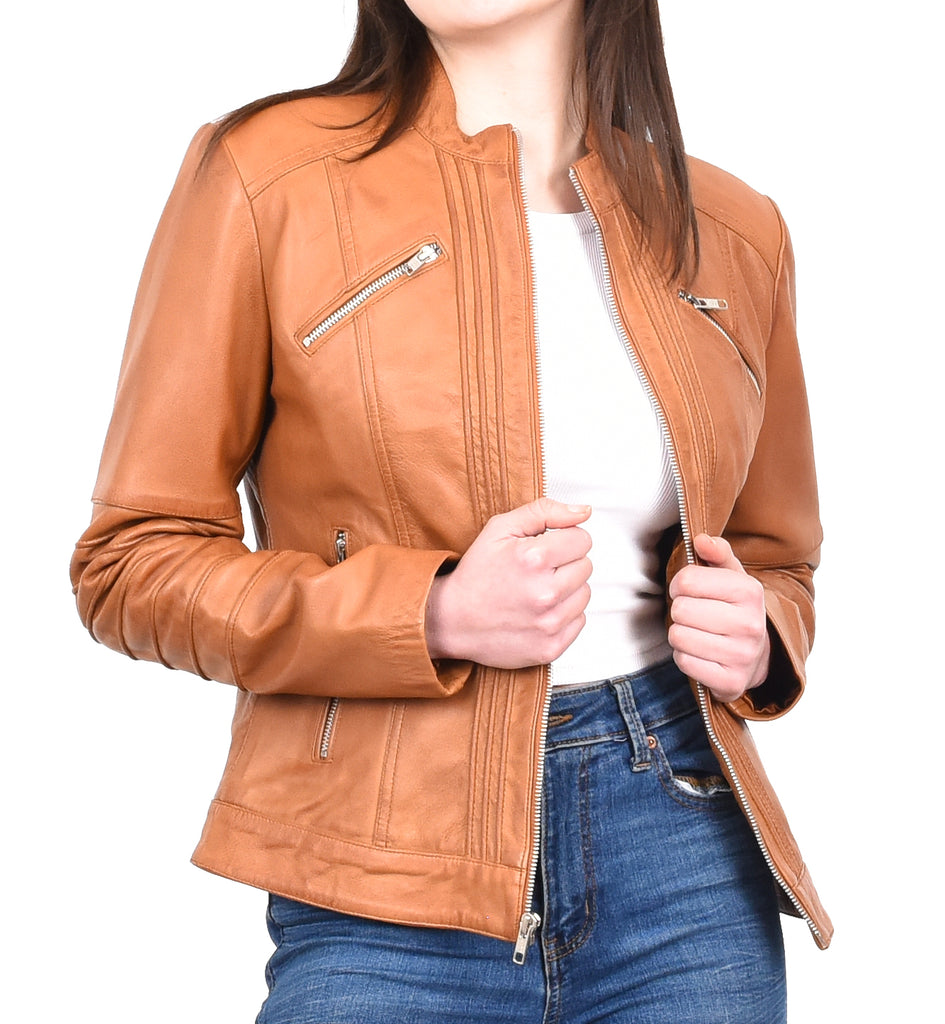 DR222 Women's Casual Biker Leather Jacket Tan 9