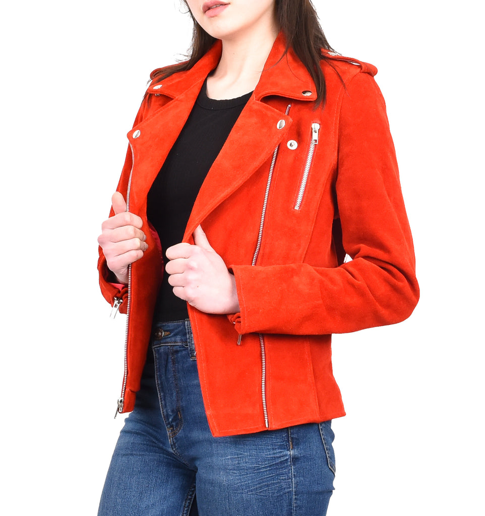 DR217 Women's Hardrock Biker Chich Leather Jacket Red Suede 11
