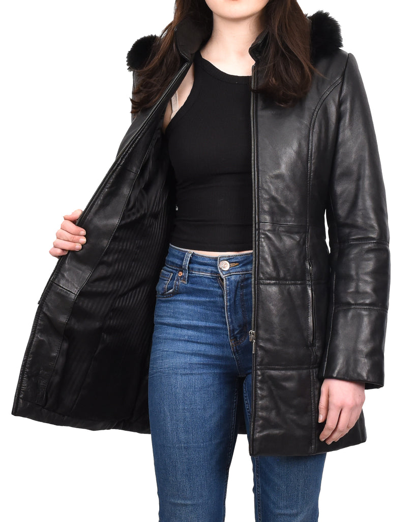 DR254 Women’s Leather 3/4 Length Puffer Coat Black 10