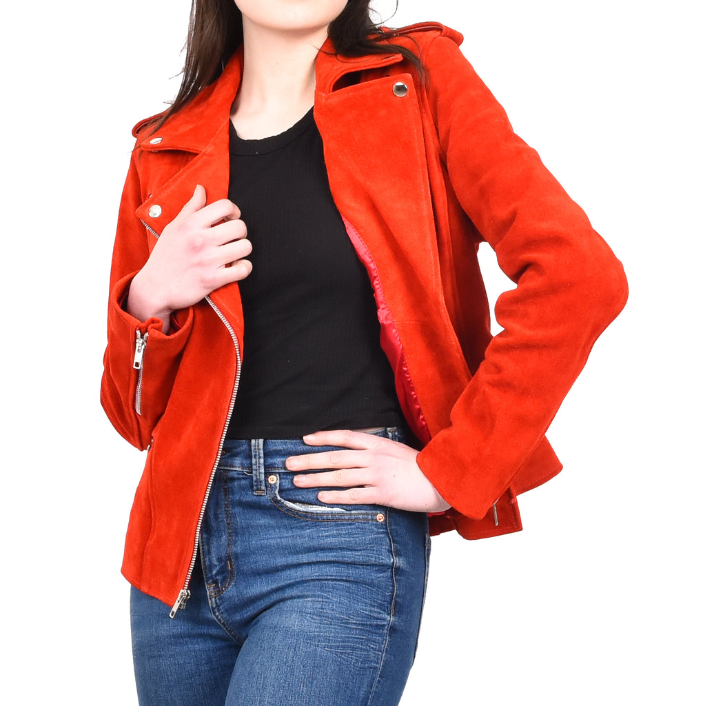 DR217 Women's Hardrock Biker Chich Leather Jacket Red Suede 12