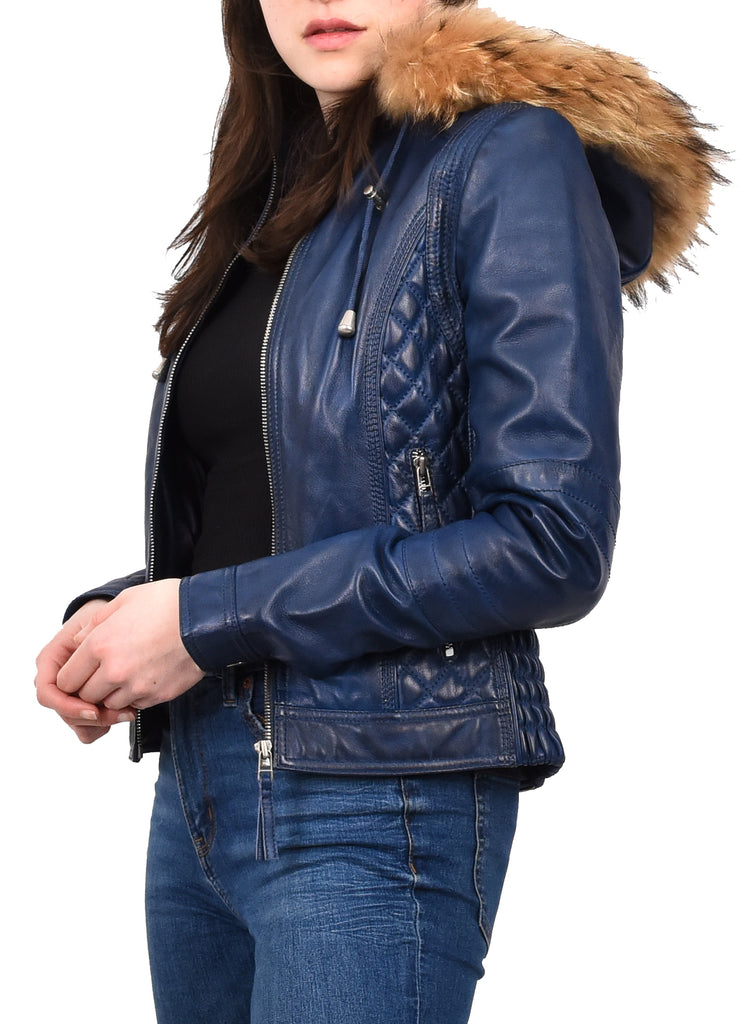 DR261 Women's Detachable Hoodie Biker Leather Jacket Blue 11