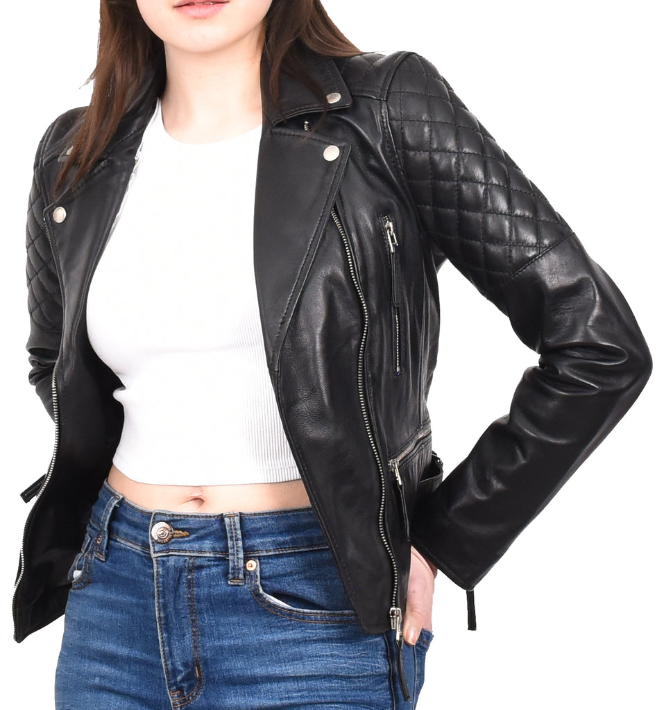 DR246 Women's Real Leather X-Zip Biker Style Jacket Black 11