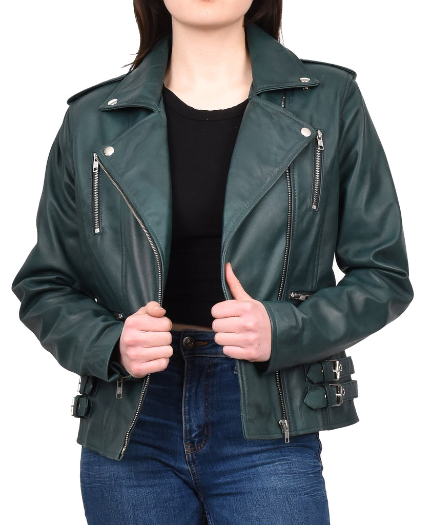 DR195 Women’s Trendy Biker Leather Jacket Teal 12