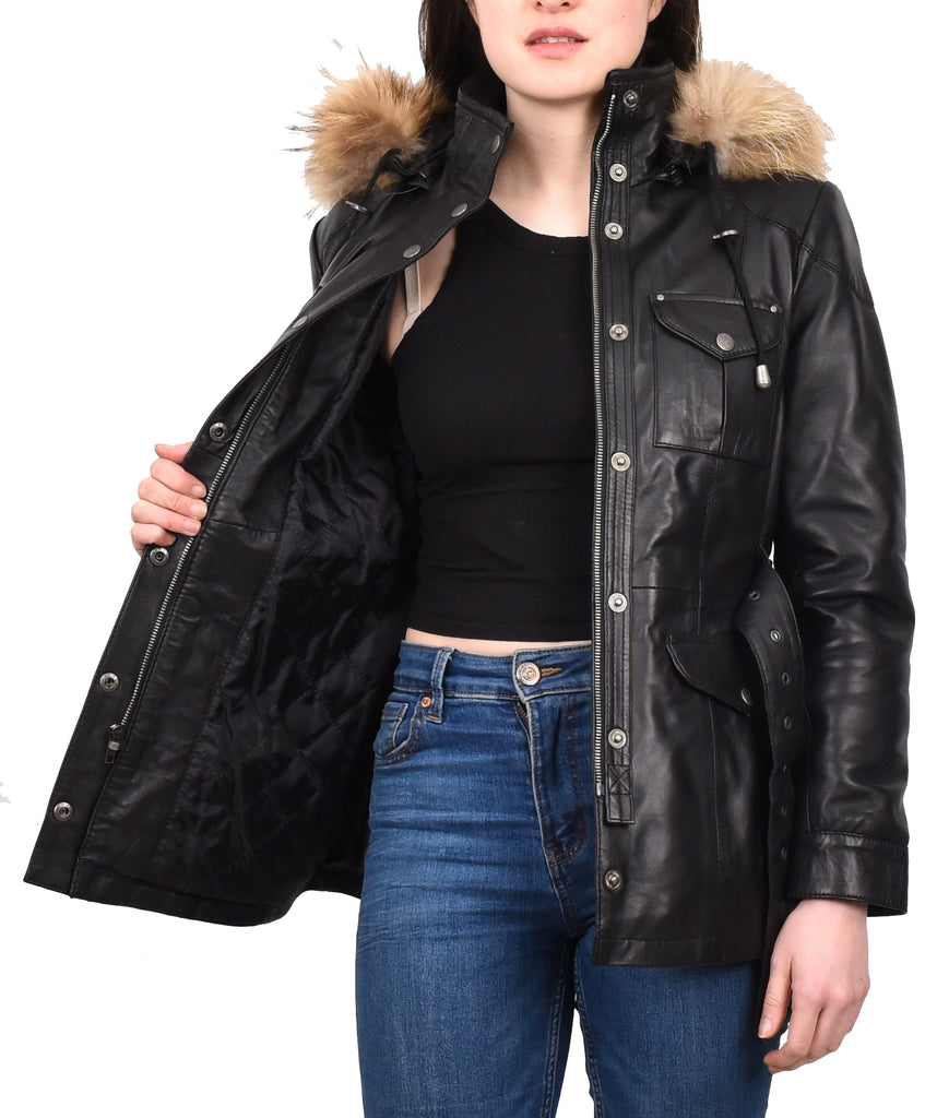 DR225 Women's Winter Warm Leather Hood Jacket Black 11