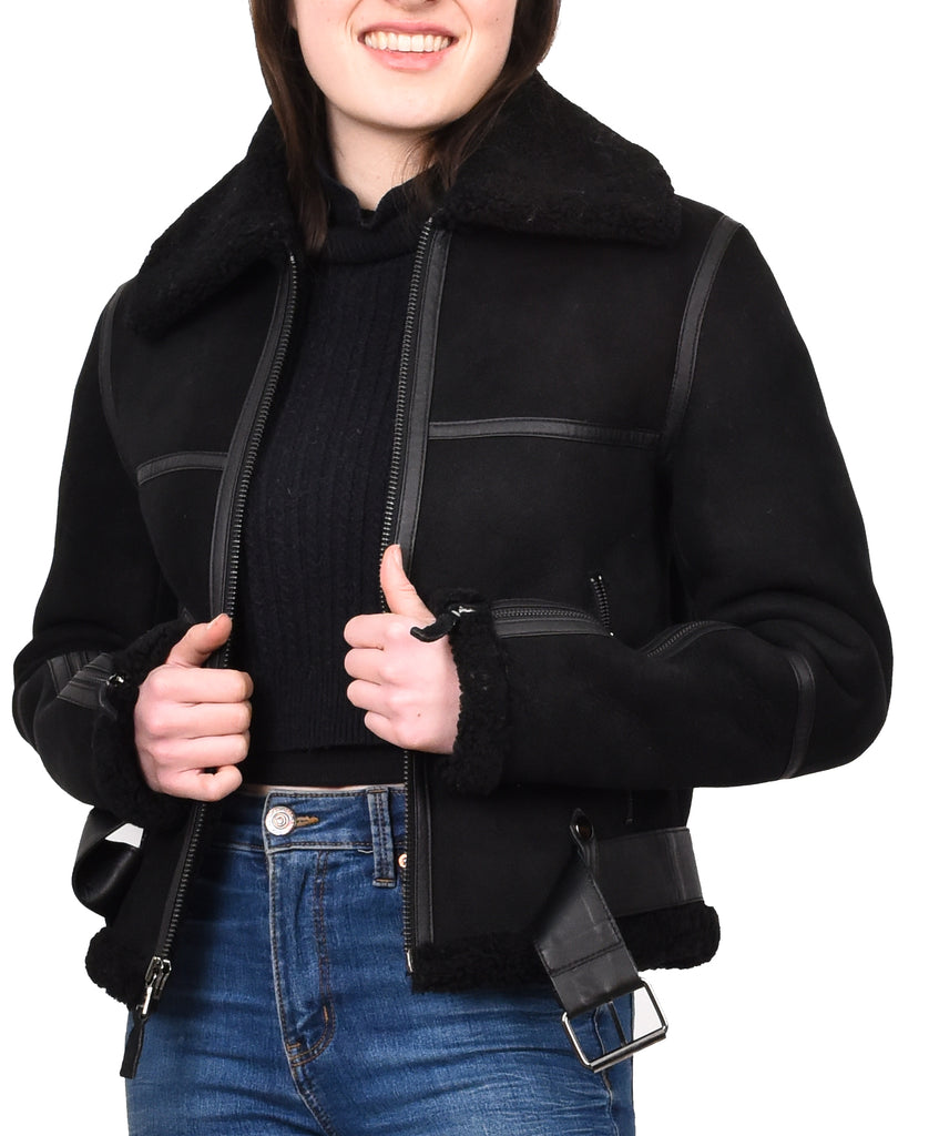 DR228 Women's Retro Sheepskin Leather Jacket Short Black 10